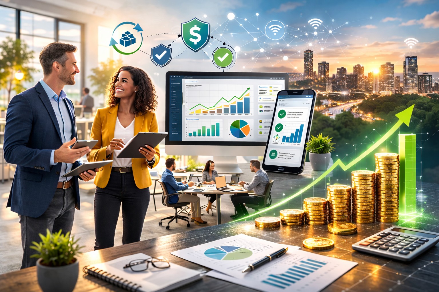 Scalable recurring revenue illustrated with analytics and growth indicators